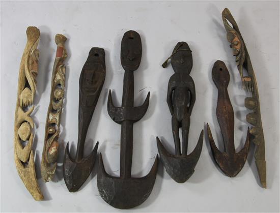 Seven Sepik River food hooks and hook masks, various